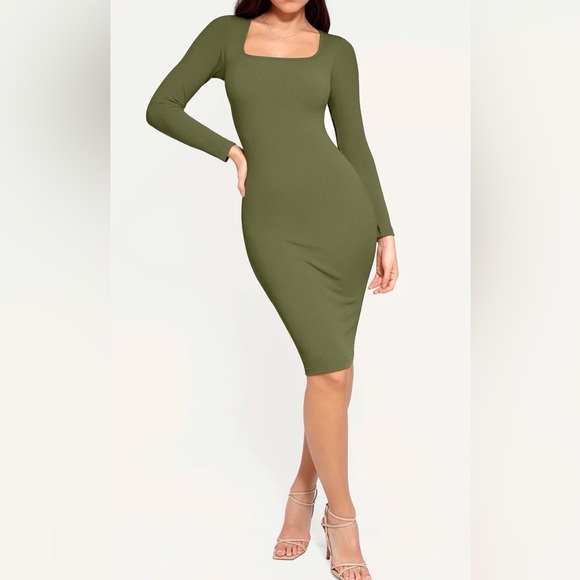 Popilush Dresses & Skirts - Popilush Olive Green Long Sleeve Bodycon Dress Built-In Shapewear Square Neck L